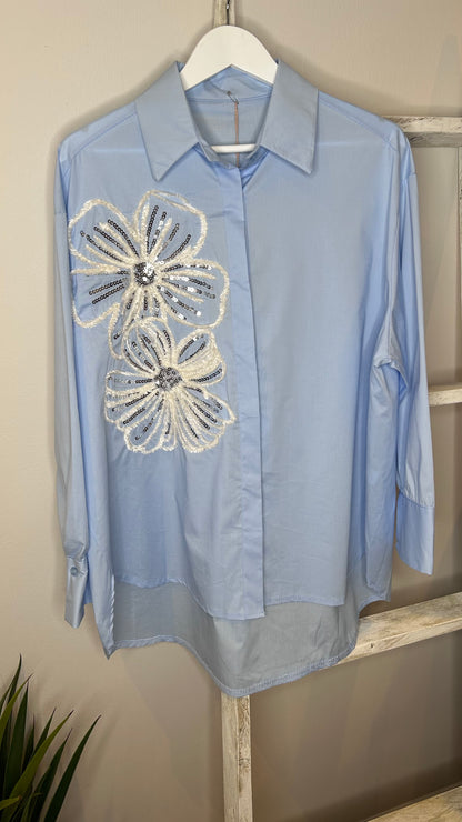 Sequin Flower Shirt-Blue