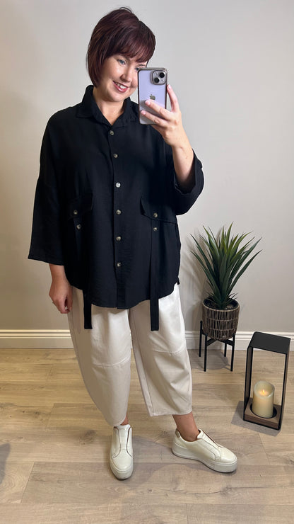 Black Chiffon Double Pocket Tab Shirt