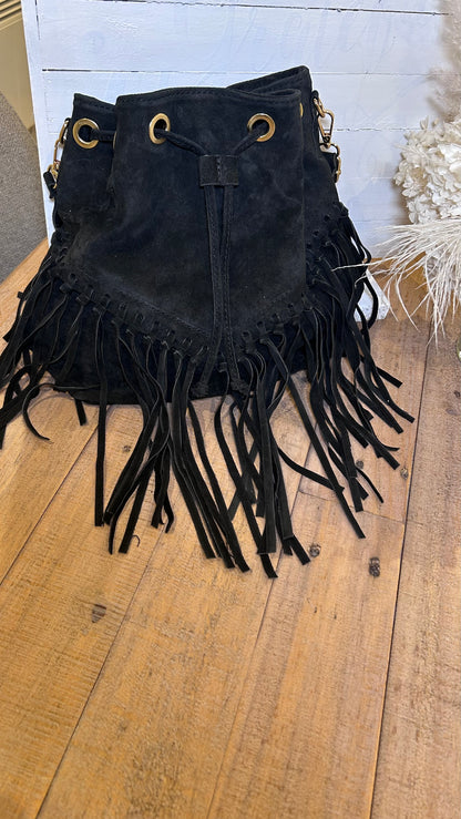 Boho Suede Tassel Bucket Bag- Black