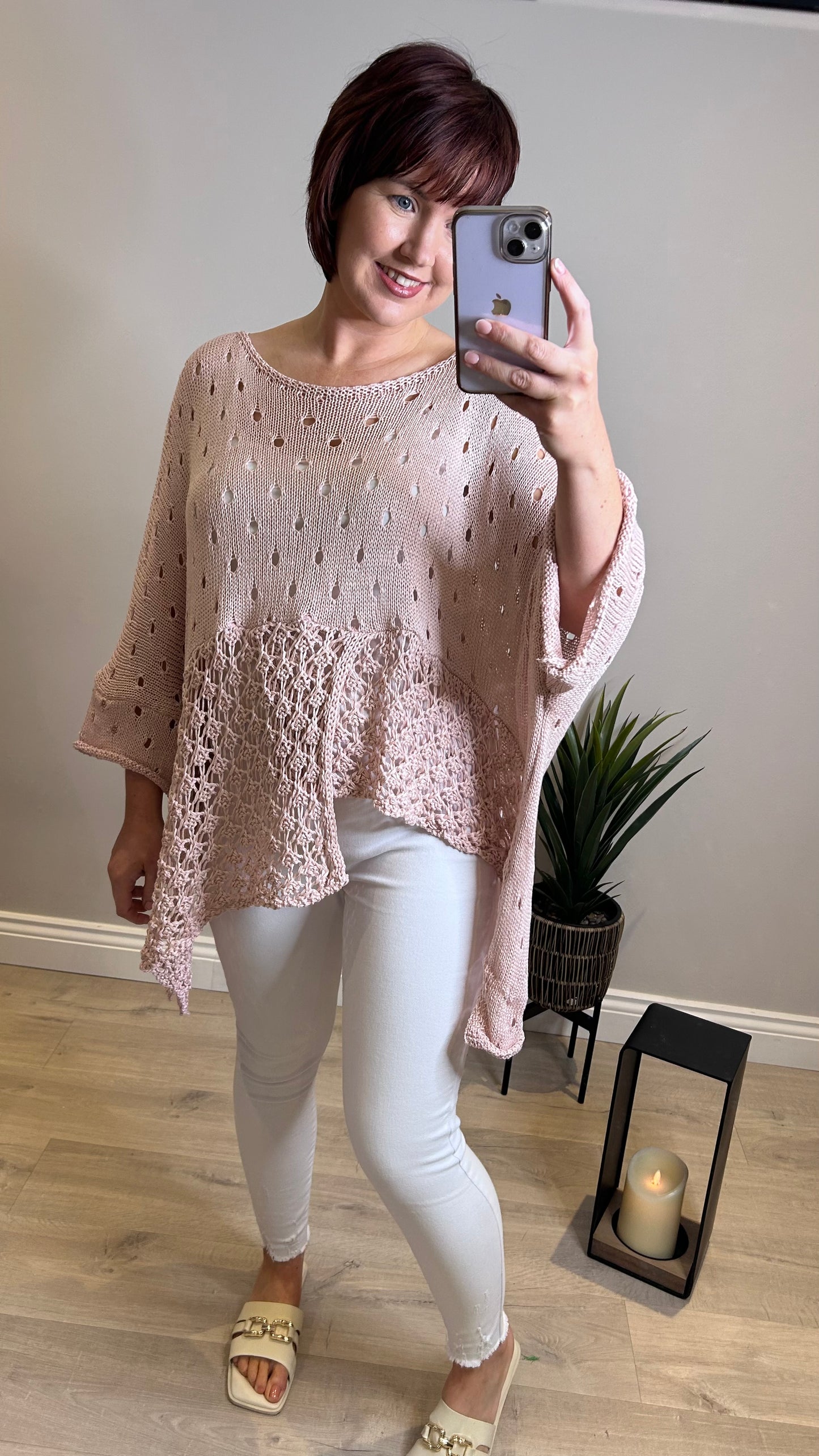 Dipped Hem Crochet Top- Blush Pink