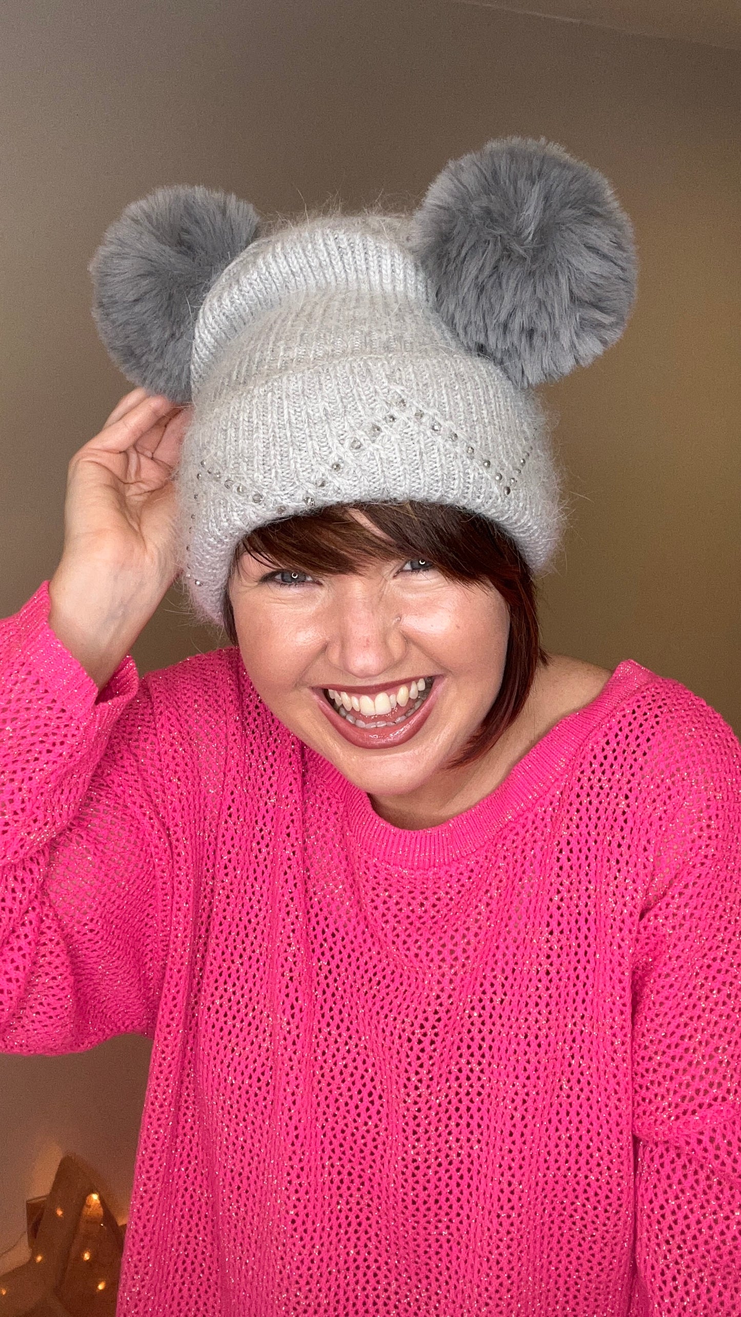 Embellished Double PomPom Hat-Grey