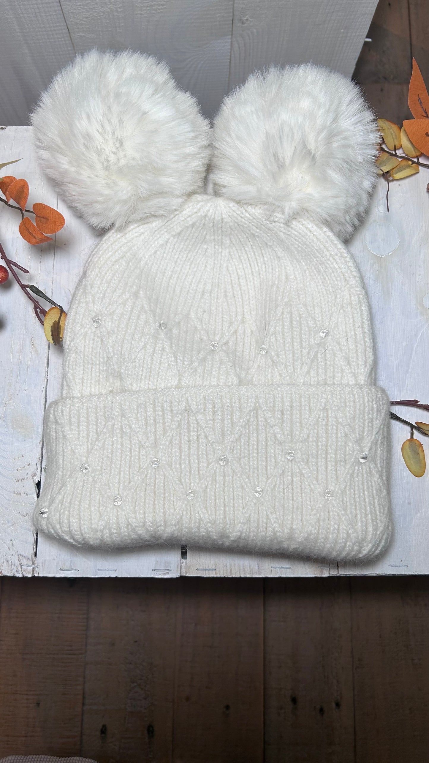 Embellished Double PomPom Hat - Winter White