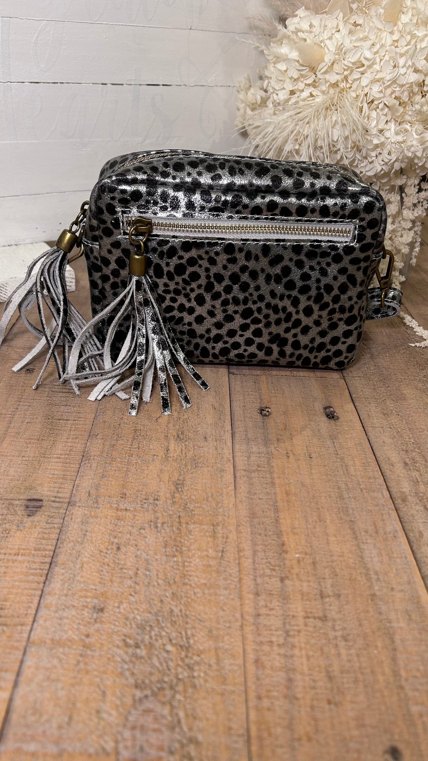 Metallic Leopard Print Camera Bag- Grey