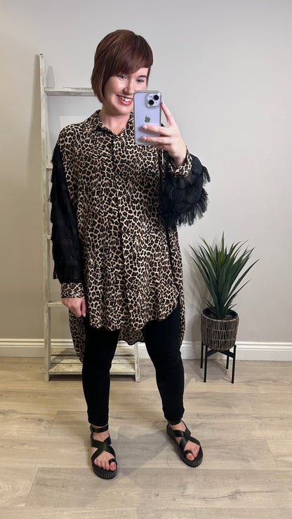 Leopard Print Fringe Sleeve Shirt