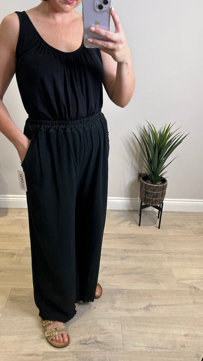 Linen Mix Wide Leg Pants- Black