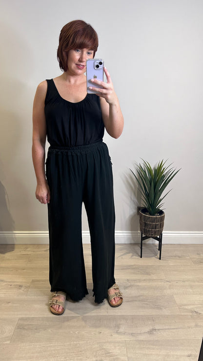 Linen Mix Wide Leg Pants- Black