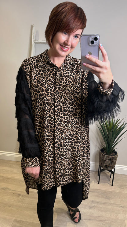 Leopard Print Fringe Sleeve Shirt