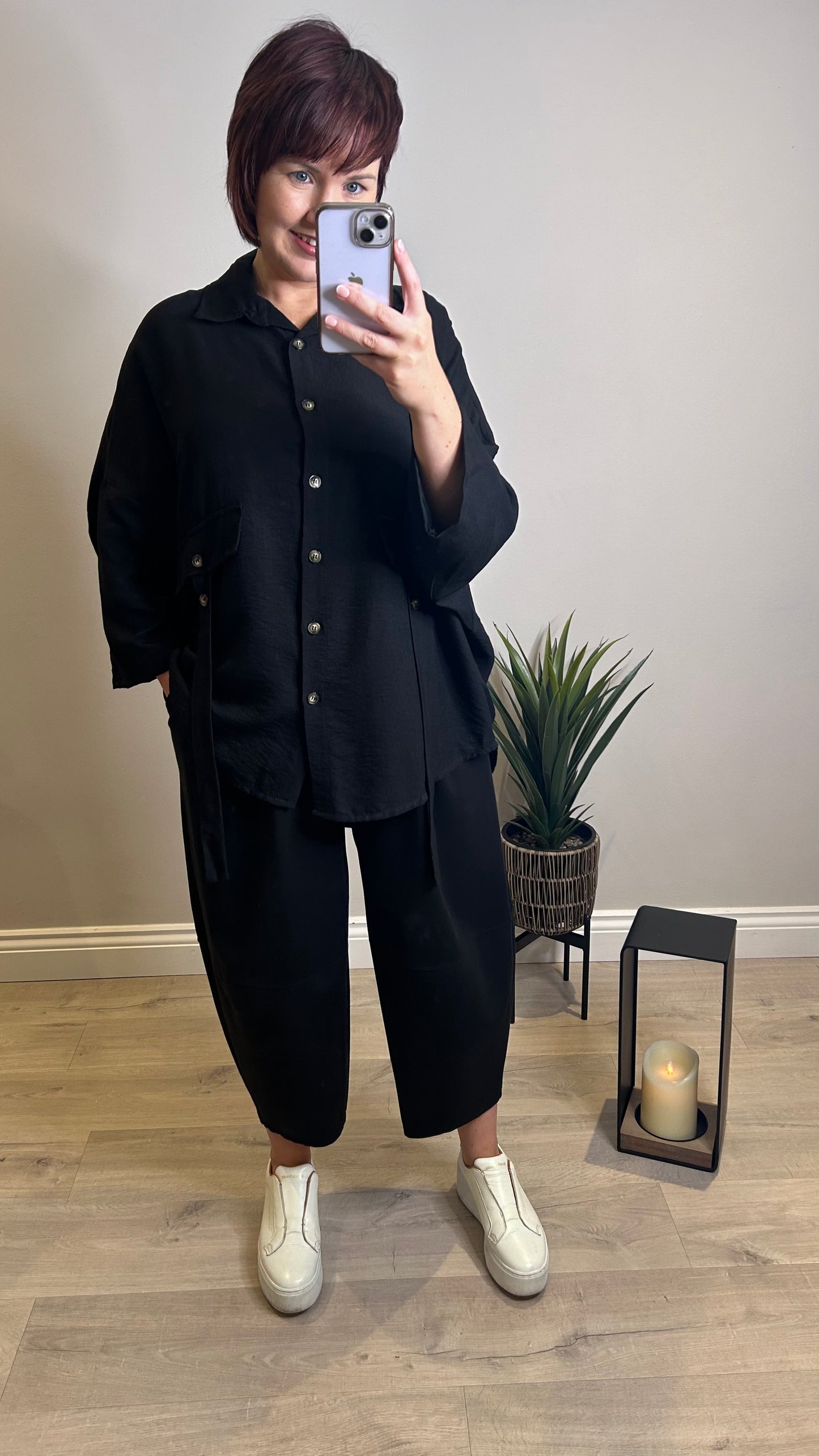 Black Chiffon Double Pocket Tab Shirt