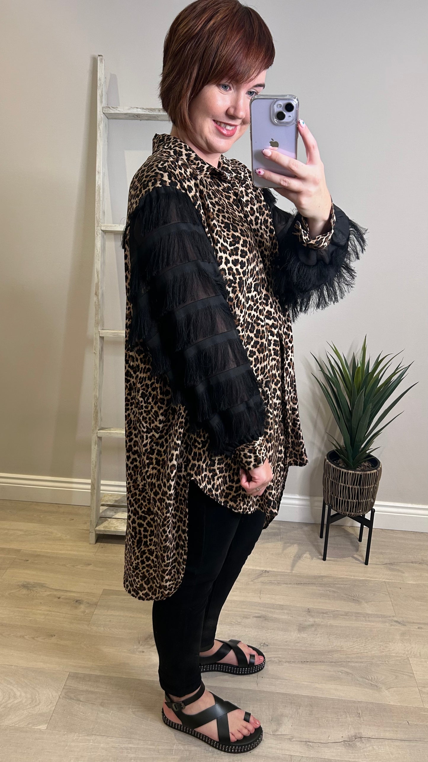 Leopard Print Fringe Sleeve Shirt