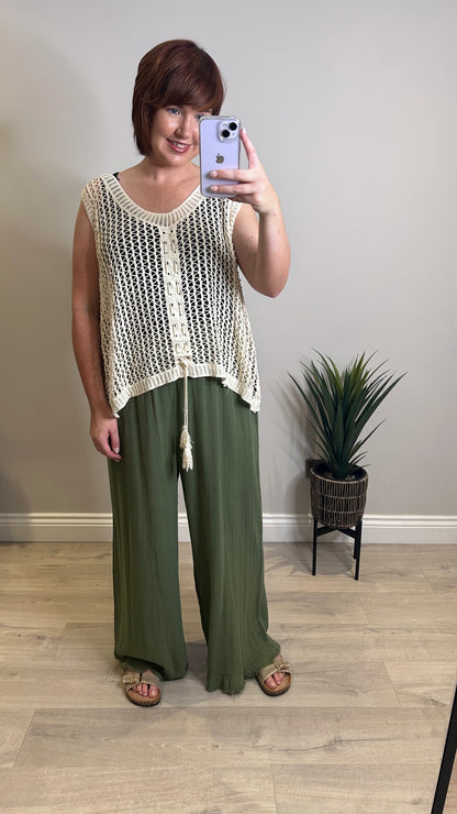 Linen Mix Wide Leg Pants- Khaki