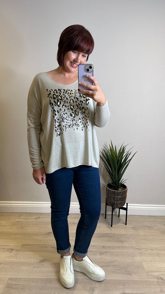 Leopard Print Diamante Fine Knit