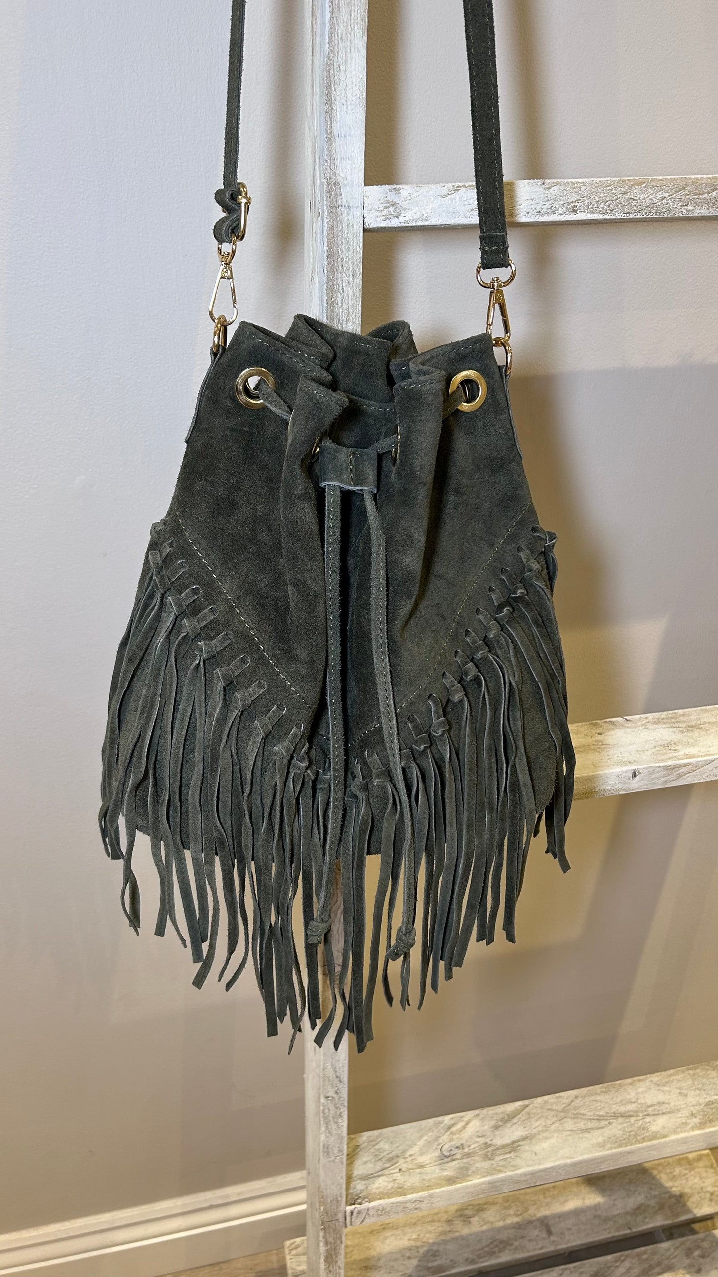 Boho Suede Tassel Bucket Bag- Khaki