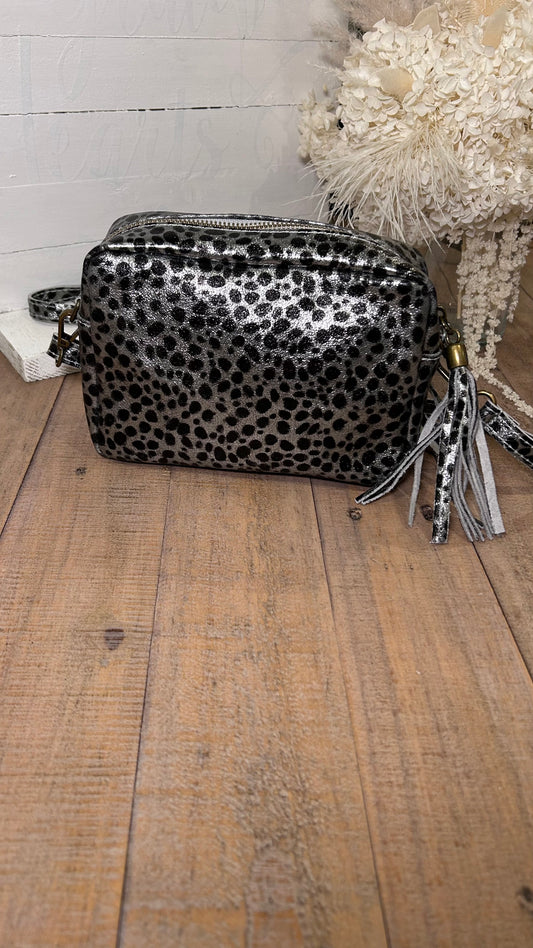 Metallic Leopard Print Camera Bag- Grey