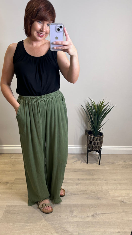 Linen Mix Wide Leg Pants- Khaki