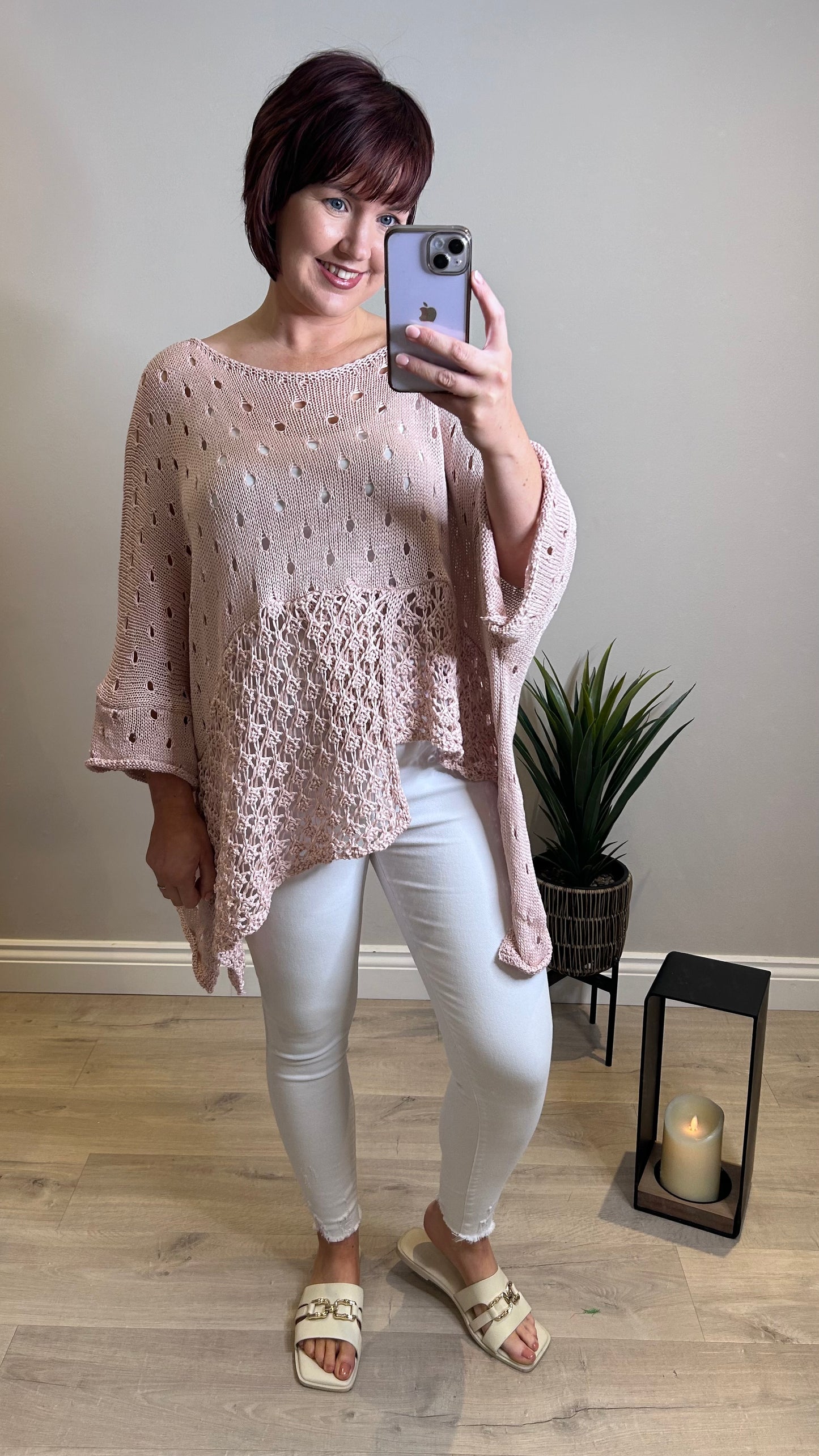 Dipped Hem Crochet Top- Blush Pink