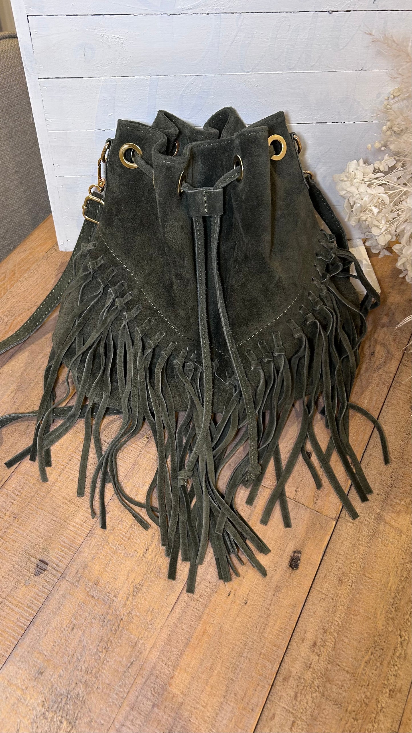 Boho Suede Tassel Bucket Bag- Khaki