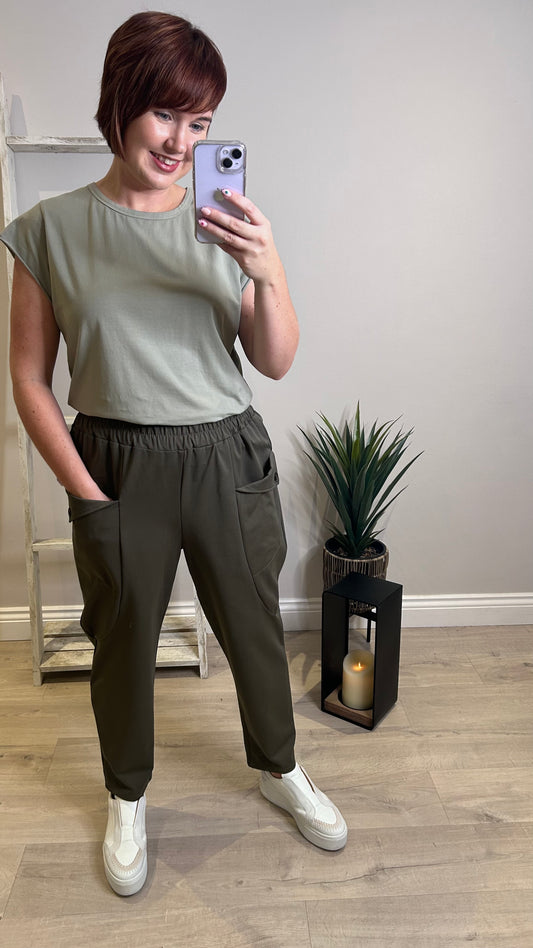 Scuba Fabric Pocket Pants- Khaki