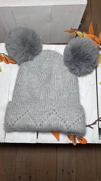 Embellished Double PomPom Hat-Grey