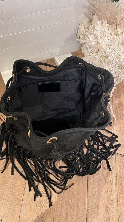 Boho Suede Tassel Bucket Bag- Black