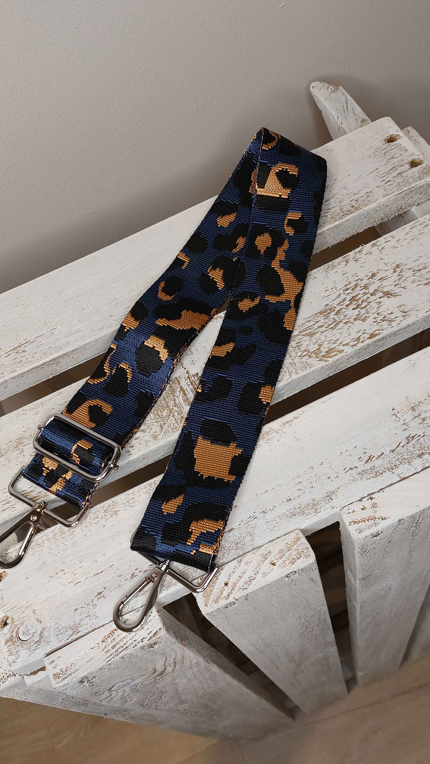 Navy leopard bag strap